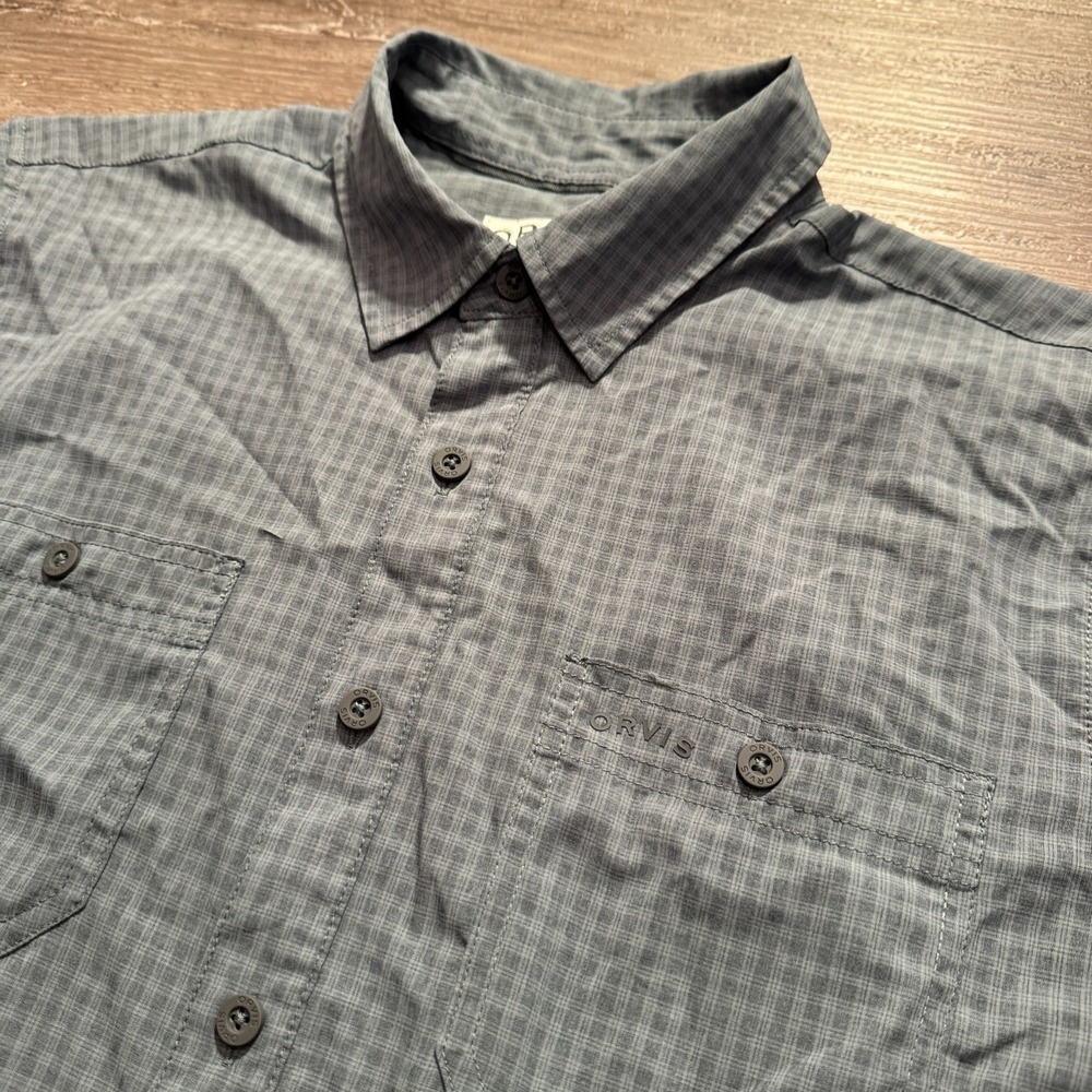 Orvis Shirt Mens Medium Blue Plaid‎ Short Sleeve Button River Gorpcore Hike Camp